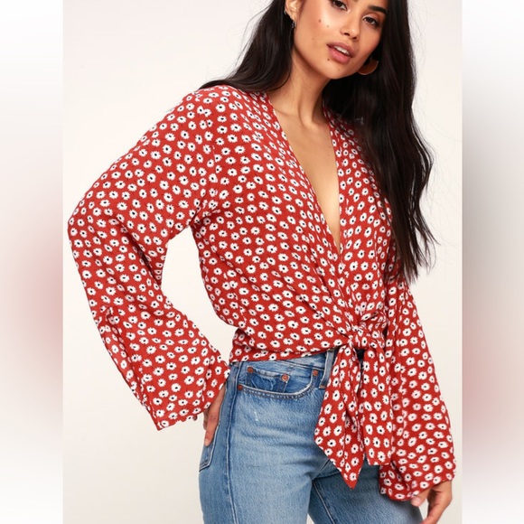 Faithfull the Brand Teguise Red Floral Print Tie-Front Top - Picture 1 of 7